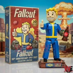 Fallout building block vault character holding a Nuka Cola bottle next to a collectible box!
