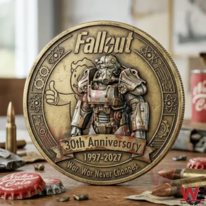 Fallout commemorative coin front showing Power Armor soldier and Vault Boy emblem!