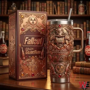 A detailed Fallout Nuka Cola metal tumbler with an ornate collector box on a wooden table!