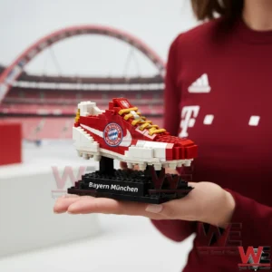 Bayern Munchen football boot model made from red and white building blocks on a display base!