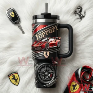 Ferrari themed tumbler with red sports car design and wheel base on white background! v