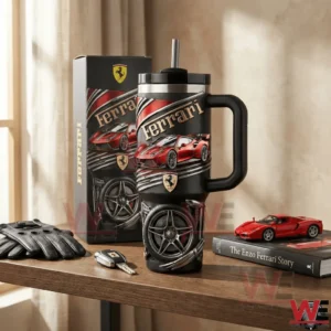 Ferrari themed tumbler on wooden table with box key and car accessories!