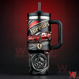 Ferrari themed tumbler with red sports car design on dark red background!