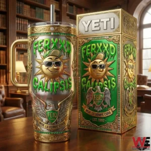 Green and gold Ferxxocalipsis tumbler with sun and eagle emblem beside matching box in a library!