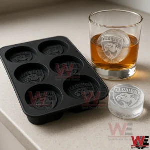 Black silicone ice mold and whiskey glass with Florida Panthers logo ice sphere on a kitchen counter!