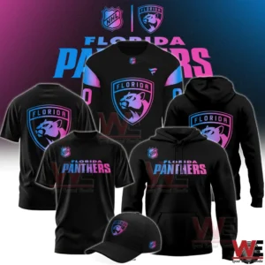 Florida Panthers black apparel set with neon logo including shirt hoodie and cap!