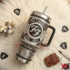 Foo Fighters anniversary tumbler with engraved logo placed on a soft white background!