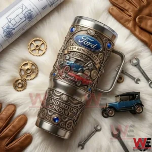 Ford anniversary tumbler with classic cars and mechanical details displayed on a vintage workshop background!