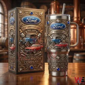 Ford 123rd Anniversary 1903-2026 Ford Motor Company Tumbler 4 Ford anniversary tumbler and matching gift box displayed in a warm industrial workshop setting!
