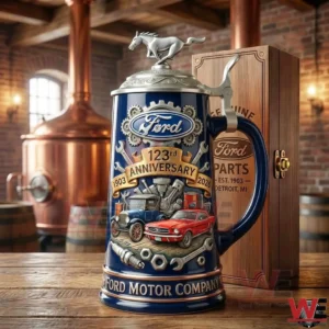 A Ford anniversary collector beer stein with classic cars gears and a horse emblem displayed in a vintage workshop setting!