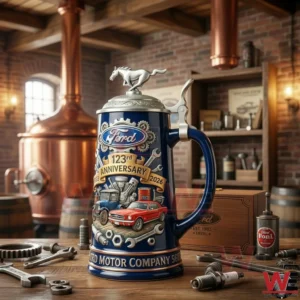 Ford 123rd Anniversary Collector’s Beer Stein 3 A Ford anniversary collector beer stein shown from a different angle with tools gears and a workshop background!