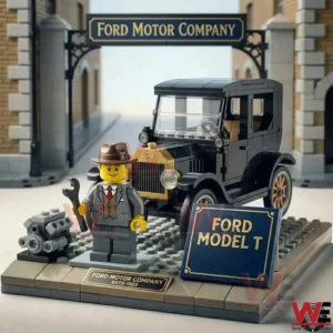 Ford Model T building brick car displayed in front of Ford Motor Company gate!