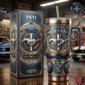 Decorative Ford Mustang inspired insulated tumbler with matching box in a vintage garage setting!