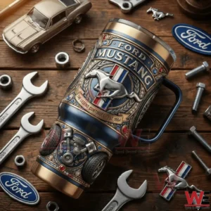 Ford Mustang The Legend Continues 40oz Tumbler With Handle 4 Ford Mustang inspired insulated tumbler lying on a wooden table with mechanic tools!
