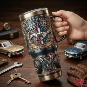 Ford Mustang The Legend Continues 40oz Tumbler With Handle 5 Hand holding a Ford Mustang inspired insulated tumbler with classic car models in background!