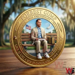 Gold commemorative coin showing Forrest Gump sitting on a bench!