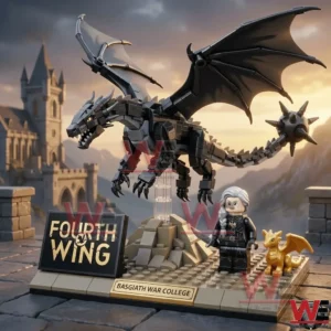 Black dragon fantasy display flying above a stone base with warrior figure and castle background!
