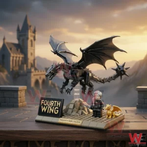 Side view of a dark winged dragon display with warrior figure and small dragon on a stone base!