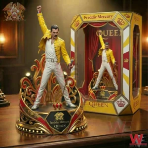 Freddie Mercury resin figurine in yellow jacket on ornate royal base with Queen display box behind!