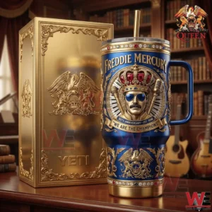 Blue and gold Freddie Mercury themed insulated tumbler displayed beside a decorative gold box!