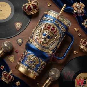 Freddie Mercury themed insulated tumbler placed among vinyl records microphones and crowns!