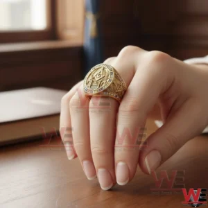 Gold Freemasonry ring with square and compass symbol worn on a hand!