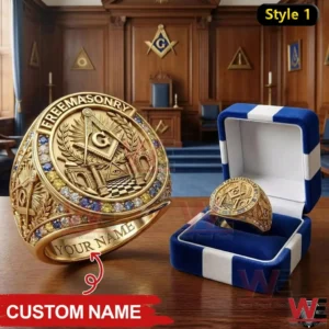Gold Freemasonry ring with custom name engraving next to open display box!