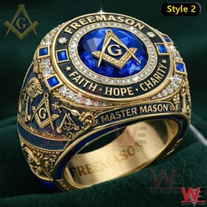 Blue and gold Master Mason ring with square and compass emblem close up!