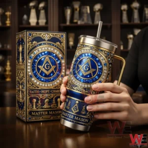 Blue and gold Master Mason tumbler with ornate symbols and matching box!