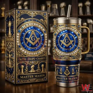 Master Mason tumbler and decorative box with blue and gold symbolic design!