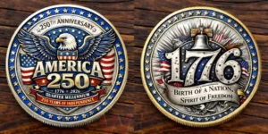 Commemorative America 250 coin with bald eagle and American flag design.