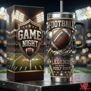 Football themed tumbler with game night design and matching gift box on a stadium background!