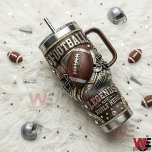 Game Night Football Legends Are Built Here Tumbler 4 Football themed tumbler lying on a white background with football decorations!