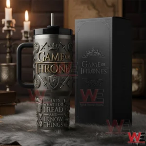 Game of Thrones metal tumbler with engraved design and themed box!