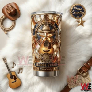 George Strait Pure Country tumbler with western guitar star design on a soft white background!