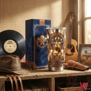 George Strait Pure Country Tumbler 5 George Strait Pure Country tumbler on a wooden shelf with guitar and vinyl record!