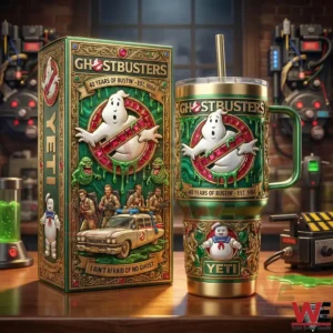 Ghostbusters themed insulated tumbler with decorative box on a workshop table!