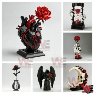 Dark gothic heart sculpture with red rose on display base!