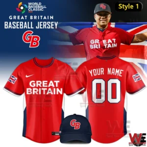 Red Great Britain baseball jersey with navy GB cap displayed for world baseball classic!