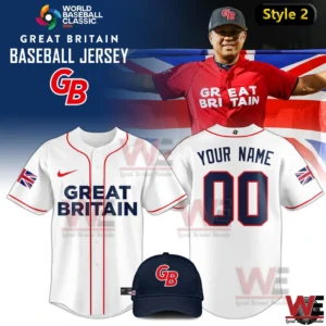 White Great Britain baseball jersey with navy GB cap for world baseball classic!