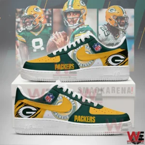 Green and gold Green Bay Packers themed sneakers with team logos displayed on a box!