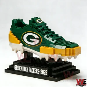A green football themed shoe model made from building blocks on a display stand!
