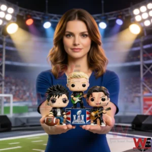 Three rock band style figures with guitars and a football standing on a Super Bowl LI podium in a stadium!
