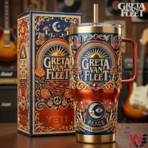 Greta Van Fleet ornate tumbler with matching decorative box on wooden table.