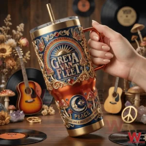 Hand holding Greta Van Fleet ornate tumbler with guitars in the background.