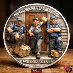 Three grumpy mail carriers standing with delivered packages!