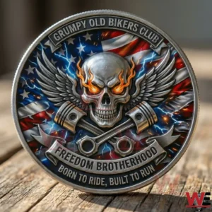 Metal biker coin with flaming skull wings pistons and American flag background!