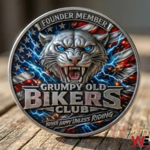 Biker coin with fierce wolf head and American flag design!