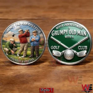 Coin showing grumpy old men playing golf on a green golf course!