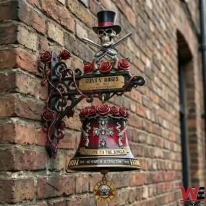 Wall mounted bell with skull top hat crossed revolvers and red roses celebrating Guns and Roses!